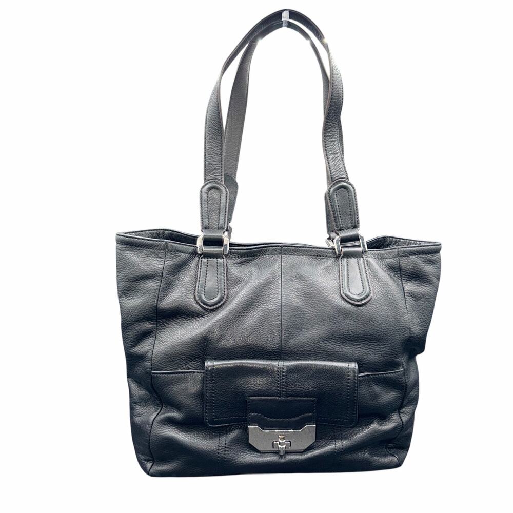 B Makowsky Black Pebbled Leather Tote Silver Lock Shoulder Bag